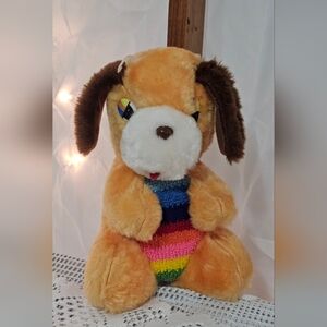 Plush Carnival Prize 70s/80s Dog Toy with Rainbow Sweater - Brown/White Pride